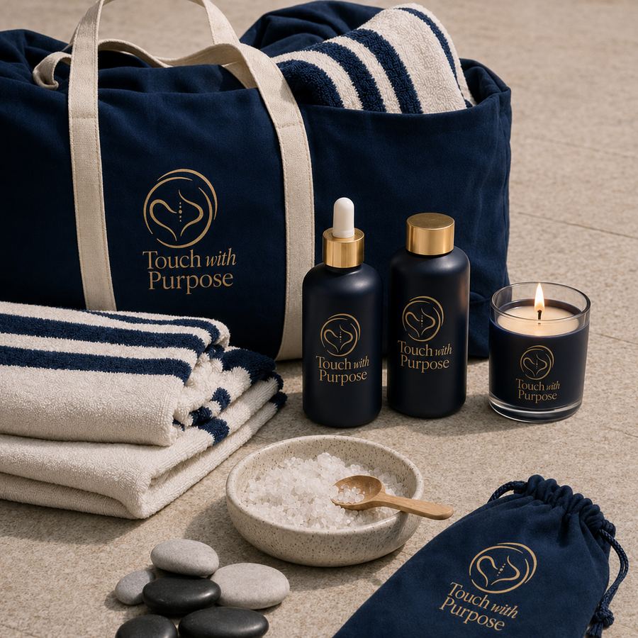 The Arrival Kit — navy bag, oil, candle, stones and linen